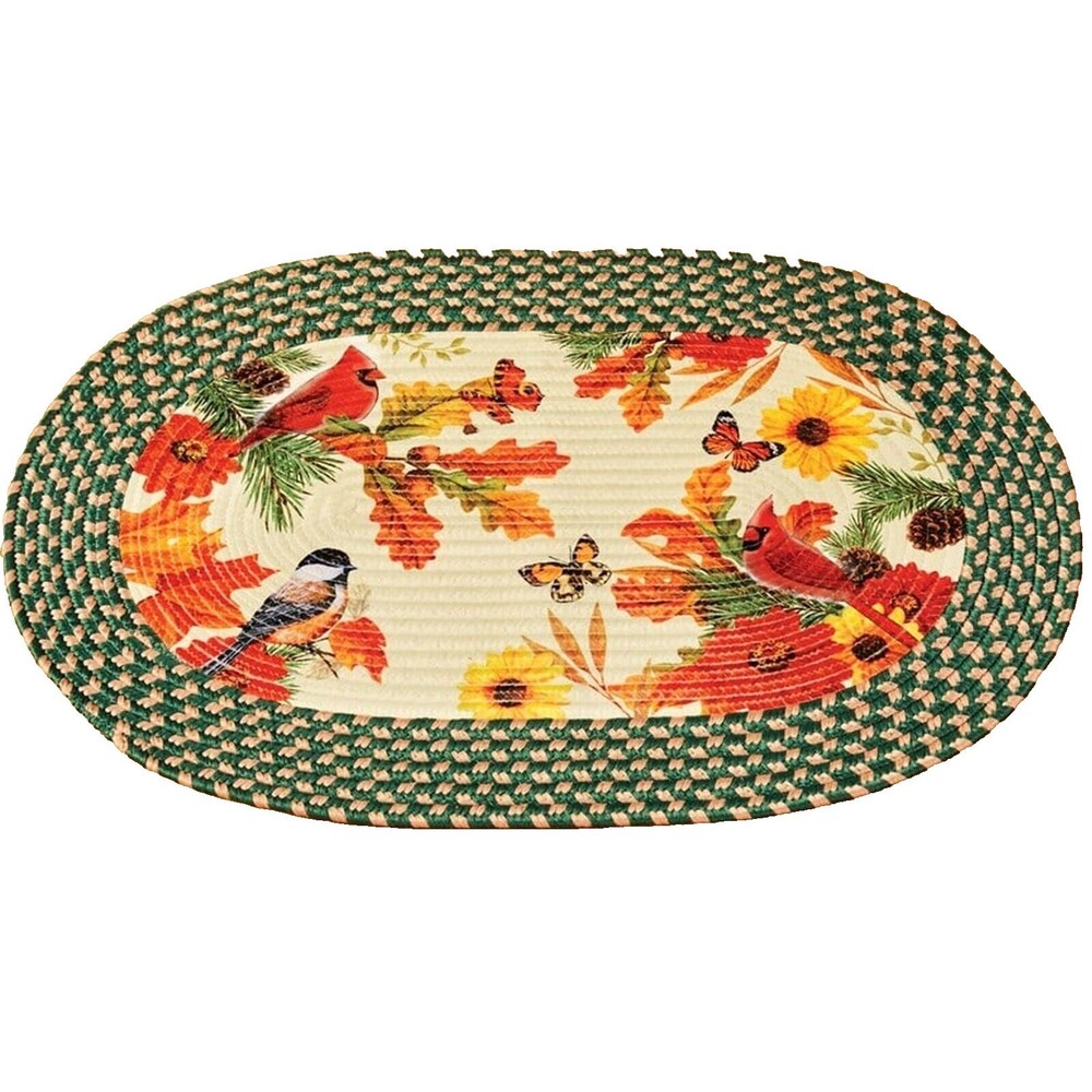 Oval Braided Kitchen Accent Rug(20"x30")FALL LEAVES,BIRDS & BUTTERFLIES,green,CE